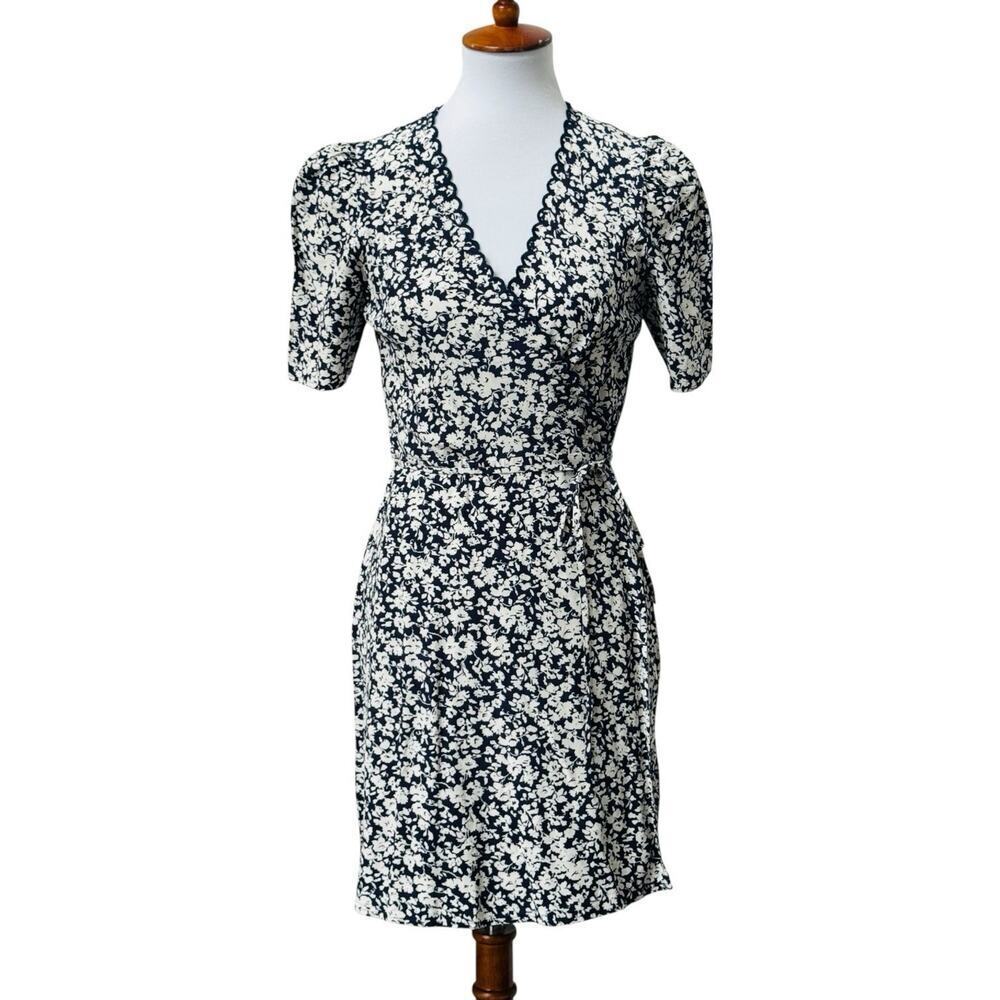 & Other Stories Wrap Mini Dress Short Sleeve Floral Navy Blue White 6